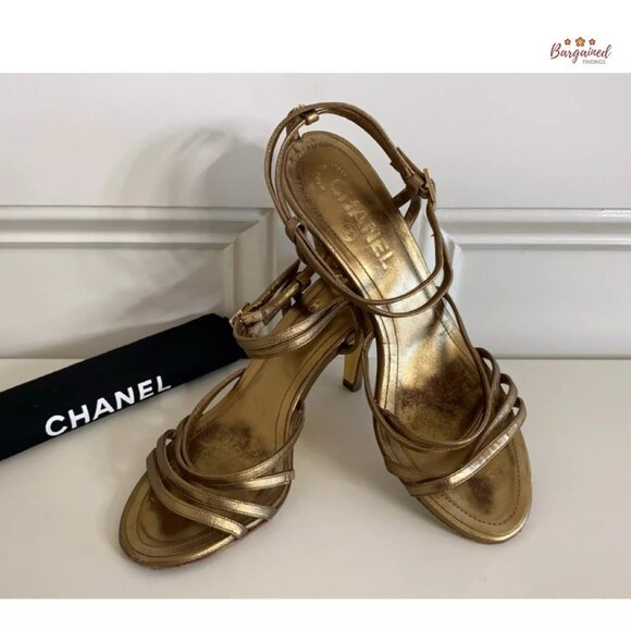 Authentic CHANEL Gold Metallic Leather CC Logo Ankle Strap High Heel Pumps 36.5 - Picture 11 of 13